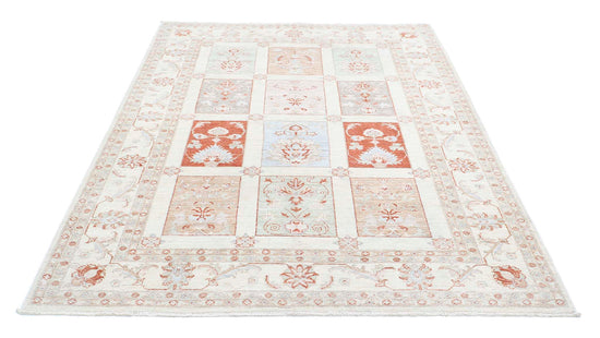 Traditional Hand Knotted Serenity Farhan Wool Rug of Size 5'6'' X 7'7'' in Ivory and Red Colors - Made in Afghanistan