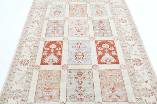 Traditional Hand Knotted Serenity Farhan Wool Rug of Size 5'6'' X 7'7'' in Ivory and Red Colors - Made in Afghanistan