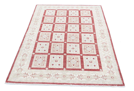 Traditional Hand Knotted Ziegler Farhan Wool Rug of Size 3'11'' X 6'0'' in Red and Ivory Colors - Made in Afghanistan