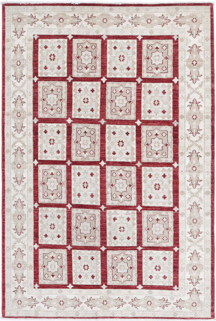 Traditional Hand Knotted Ziegler Farhan Wool Rug of Size 4'0'' X 6'0'' in Red and Ivory Colors - Made in Afghanistan