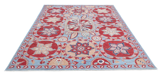 Traditional Hand Knotted Suzani Farhan Wool Rug of Size 6'8'' X 9'7'' in Teal and Red Colors - Made in Afghanistan