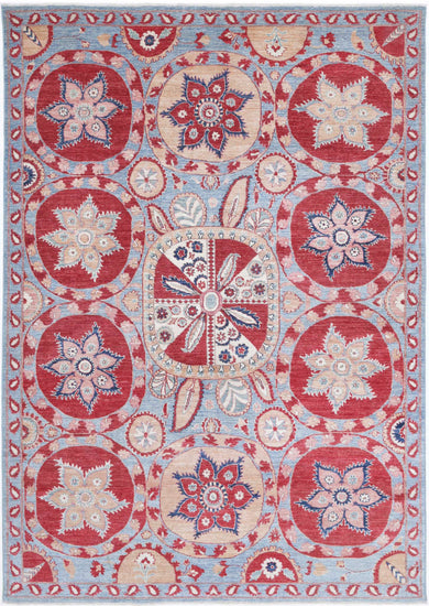 Traditional Hand Knotted Suzani Farhan Wool Rug of Size 6'8'' X 9'7'' in Teal and Red Colors - Made in Afghanistan