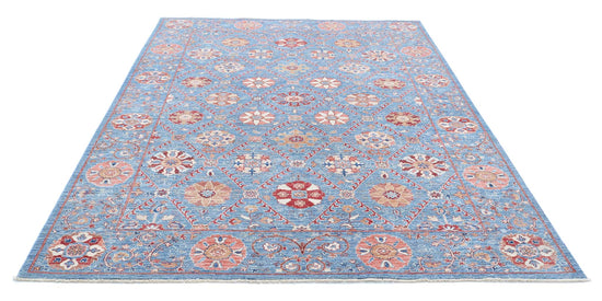 Traditional Hand Knotted Suzani Farhan Wool Rug of Size 6'8'' X 9'3'' in Blue and Rust Colors - Made in Afghanistan