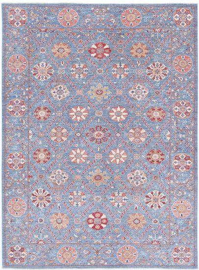 Traditional Hand Knotted Suzani Farhan Wool Rug of Size 6'8'' X 9'3'' in Blue and Rust Colors - Made in Afghanistan