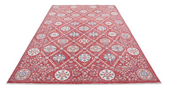 Traditional Hand Knotted Suzani Farhan Wool Rug of Size 6'4'' X 10'2'' in Red and Ivory Colors - Made in Afghanistan
