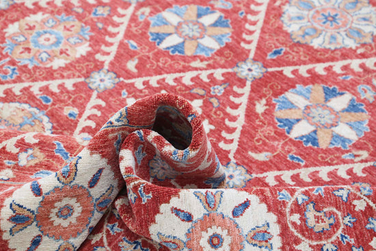Traditional Hand Knotted Suzani Farhan Wool Rug of Size 6'4'' X 10'2'' in Red and Ivory Colors - Made in Afghanistan
