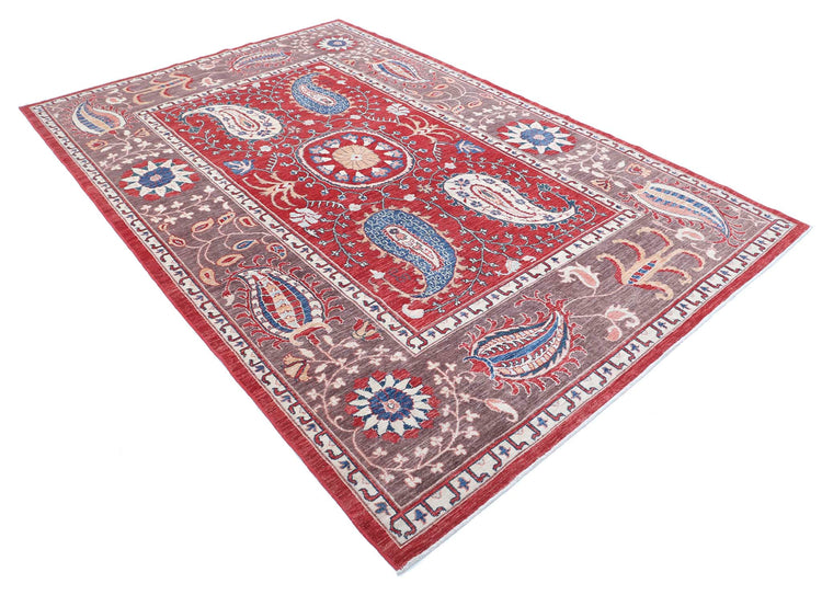 Traditional Hand Knotted Suzani Farhan Wool Rug of Size 6'7'' X 9'9'' in Red and Brown Colors - Made in Afghanistan
