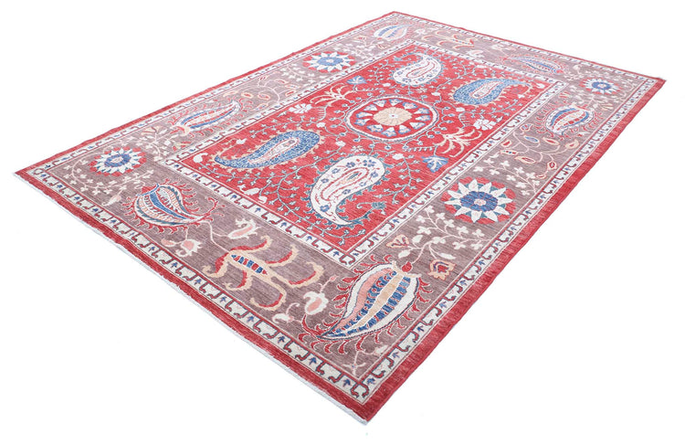Traditional Hand Knotted Suzani Farhan Wool Rug of Size 6'7'' X 9'9'' in Red and Brown Colors - Made in Afghanistan