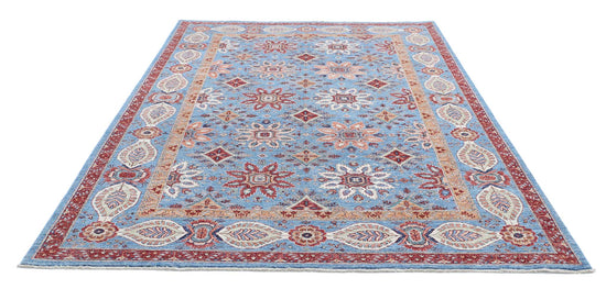 Traditional Hand Knotted Suzani Farhan Wool Rug of Size 6'7'' X 9'8'' in Blue and Red Colors - Made in Afghanistan
