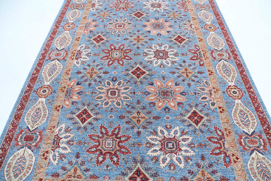 Traditional Hand Knotted Suzani Farhan Wool Rug of Size 6'7'' X 9'8'' in Blue and Red Colors - Made in Afghanistan