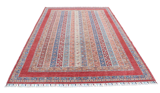 Traditional Hand Knotted Shaal Farhan Wool Rug of Size 6'8'' X 9'7'' in Red and Multi Colors - Made in Afghanistan