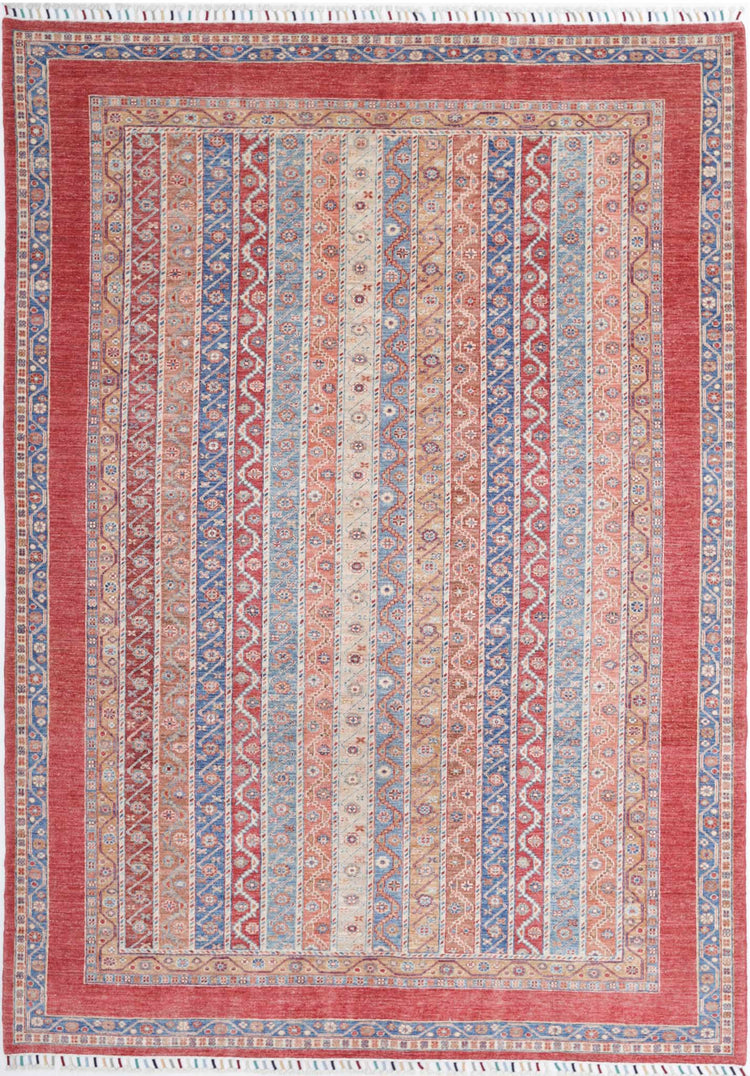 Traditional Hand Knotted Shaal Farhan Wool Rug of Size 6'8'' X 9'7'' in Red and Multi Colors - Made in Afghanistan