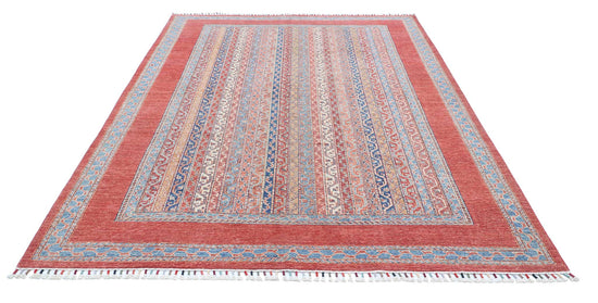 Traditional Hand Knotted Shaal Farhan Wool Rug of Size 6'8'' X 9'8'' in Red and Multi Colors - Made in Afghanistan
