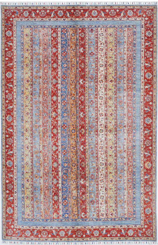 Traditional Hand Knotted Shaal Farhan Wool Rug of Size 6'7'' X 9'9'' in Red and Multi Colors - Made in Afghanistan