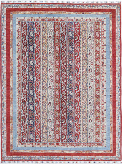 Traditional Hand Knotted Shaal Farhan Wool Rug of Size 7'8'' X 9'9'' in Red and Multi Colors - Made in Afghanistan