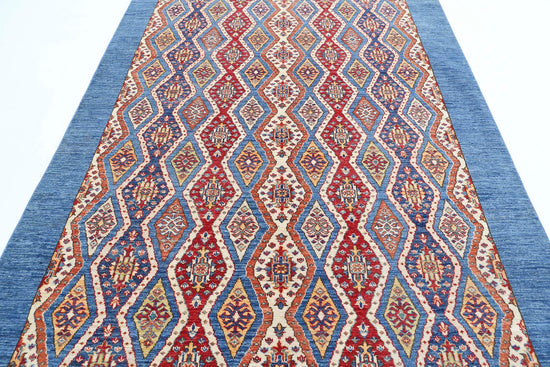 Traditional Hand Knotted Shaal Farhan Wool Rug of Size 6'3'' X 9'4'' in Blue and Multi Colors - Made in Afghanistan