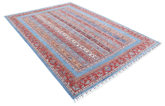 Traditional Hand Knotted Shaal Farhan Wool Rug of Size 6'7'' X 9'6'' in Blue and Multi Colors - Made in Afghanistan