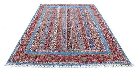 Traditional Hand Knotted Shaal Farhan Wool Rug of Size 6'7'' X 9'6'' in Blue and Multi Colors - Made in Afghanistan