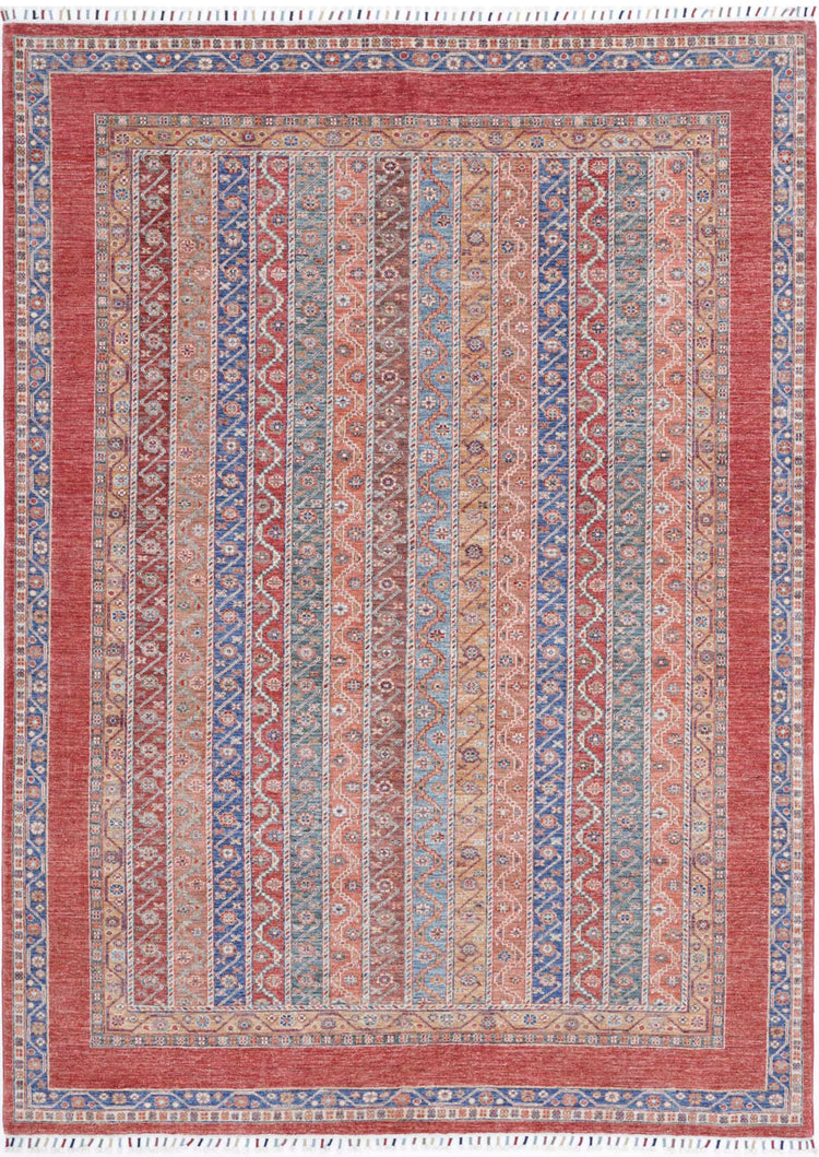 Traditional Hand Knotted Shaal Farhan Wool Rug of Size 6'7'' X 9'5'' in Red and Multi Colors - Made in Afghanistan