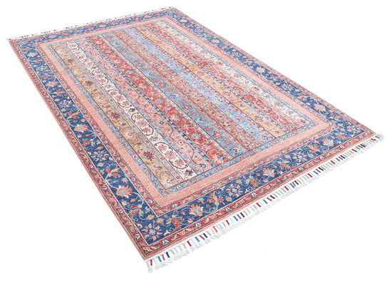 Traditional Hand Knotted Shaal Farhan Wool Rug of Size 5'6'' X 7'11'' in Multi and Blue Colors - Made in Afghanistan