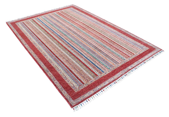 Traditional Hand Knotted Shaal Farhan Wool Rug of Size 5'8'' X 8'0'' in Red and Multi Colors - Made in Afghanistan