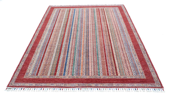 Traditional Hand Knotted Shaal Farhan Wool Rug of Size 5'8'' X 8'0'' in Red and Multi Colors - Made in Afghanistan