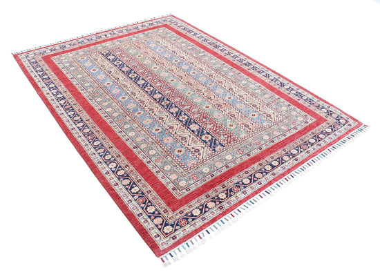 Traditional Hand Knotted Shaal Farhan Wool Rug of Size 5'8'' X 7'7'' in Red and Blue Colors - Made in Afghanistan