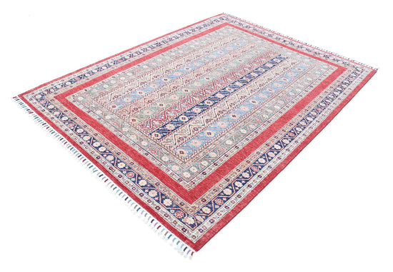Traditional Hand Knotted Shaal Farhan Wool Rug of Size 5'8'' X 7'7'' in Red and Blue Colors - Made in Afghanistan