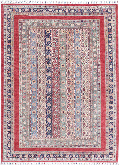 Traditional Hand Knotted Shaal Farhan Wool Rug of Size 5'8'' X 7'7'' in Red and Blue Colors - Made in Afghanistan