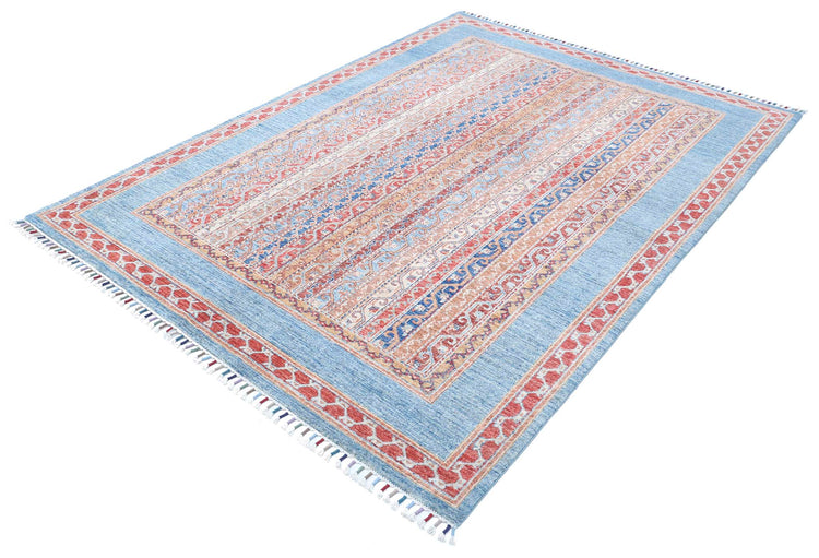 Traditional Hand Knotted Shaal Farhan Wool Rug of Size 5'7'' X 7'9'' in Teal and Red Colors - Made in Afghanistan