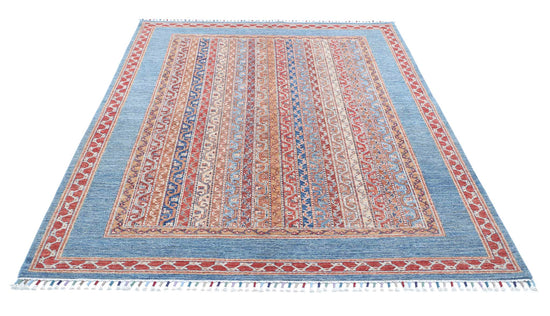 Traditional Hand Knotted Shaal Farhan Wool Rug of Size 5'7'' X 7'9'' in Teal and Red Colors - Made in Afghanistan