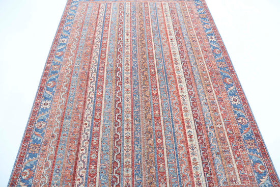 Traditional Hand Knotted Shaal Farhan Wool Rug of Size 5'6'' X 7'9'' in Multi and Blue Colors - Made in Afghanistan