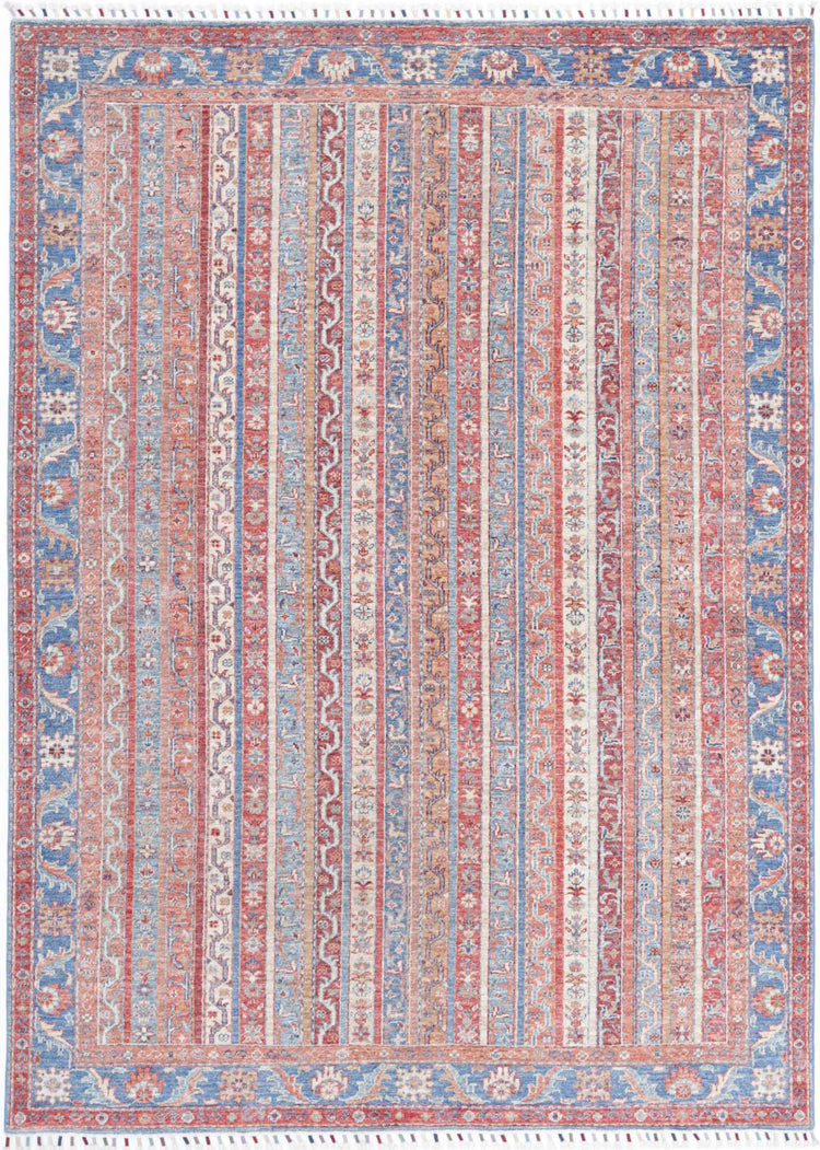 Traditional Hand Knotted Shaal Farhan Wool Rug of Size 5'6'' X 7'9'' in Multi and Blue Colors - Made in Afghanistan