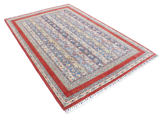 Traditional Hand Knotted Shaal Farhan Wool Rug of Size 5'4'' X 8'8'' in Red and Multi Colors - Made in Afghanistan