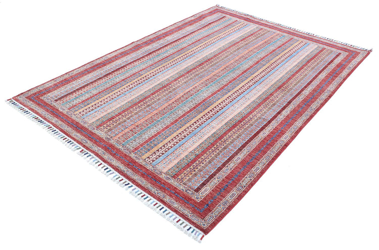 Traditional Hand Knotted Shaal Farhan Wool Rug of Size 5'6'' X 7'9'' in Red and Blue Colors - Made in Afghanistan