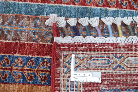 Traditional Hand Knotted Shaal Farhan Wool Rug of Size 5'6'' X 7'9'' in Red and Blue Colors - Made in Afghanistan