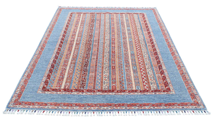 Traditional Hand Knotted Shaal Farhan Wool Rug of Size 5'7'' X 7'9'' in Blue and Multi Colors - Made in Afghanistan