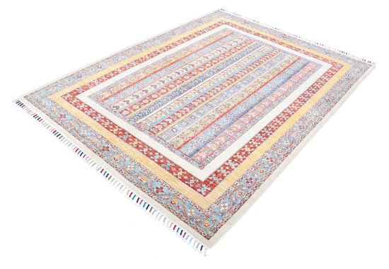 Traditional Hand Knotted Shaal Farhan Wool Rug of Size 5'8'' X 7'6'' in Ivory and Multi Colors - Made in Afghanistan