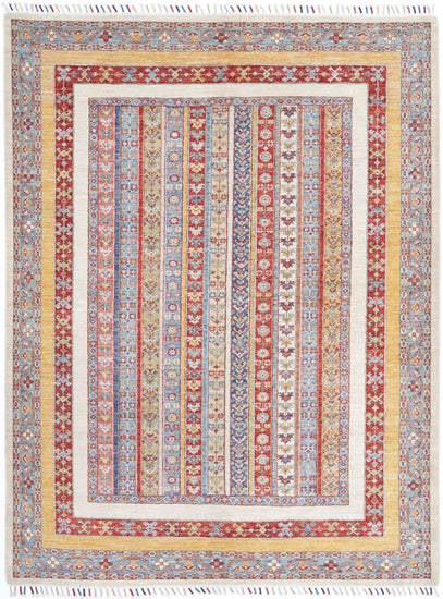 Traditional Hand Knotted Shaal Farhan Wool Rug of Size 5'8'' X 7'6'' in Ivory and Multi Colors - Made in Afghanistan