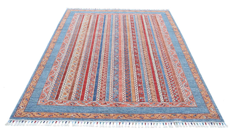 Traditional Hand Knotted Shaal Farhan Wool Rug of Size 5'6'' X 7'10'' in Blue and Multi Colors - Made in Afghanistan