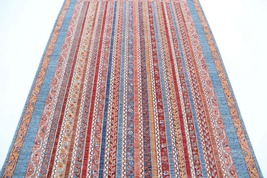 Traditional Hand Knotted Shaal Farhan Wool Rug of Size 5'6'' X 7'10'' in Blue and Multi Colors - Made in Afghanistan