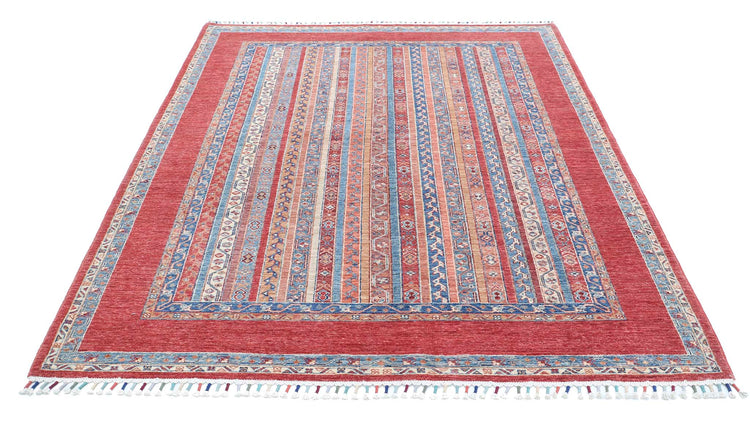 Traditional Hand Knotted Shaal Farhan Wool Rug of Size 5'9'' X 7'9'' in Red and Multi Colors - Made in Afghanistan