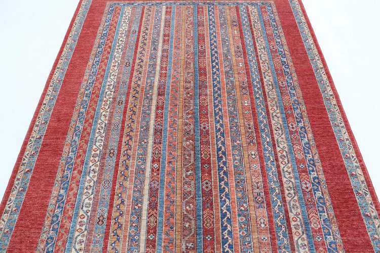 Traditional Hand Knotted Shaal Farhan Wool Rug of Size 5'9'' X 7'9'' in Red and Multi Colors - Made in Afghanistan