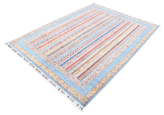 Traditional Hand Knotted Shaal Farhan Wool Rug of Size 5'8'' X 7'6'' in Blue and Multi Colors - Made in Afghanistan