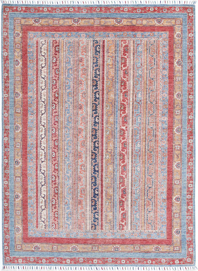 Traditional Hand Knotted Shaal Farhan Wool Rug of Size 5'7'' X 7'10'' in Blue and Multi Colors - Made in Afghanistan