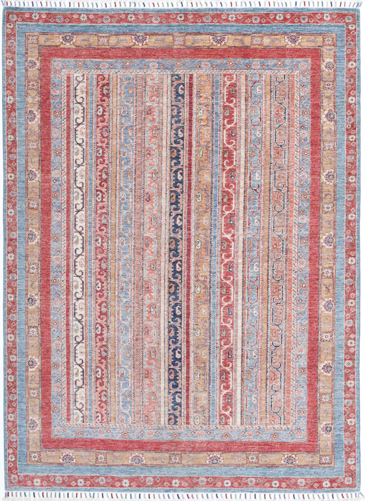 Traditional Hand Knotted Shaal Farhan Wool Rug of Size 5'7'' X 7'10'' in Blue and Multi Colors - Made in Afghanistan