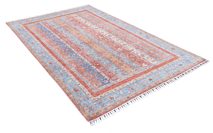 Traditional Hand Knotted Shaal Farhan Wool Rug of Size 5'5'' X 8'4'' in Multi and Teal Colors - Made in Afghanistan
