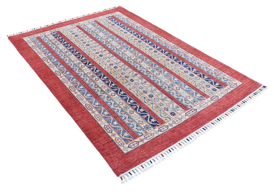 Traditional Hand Knotted Shaal Farhan Wool Rug of Size 4'9'' X 6'7'' in Red and Multi Colors - Made in Afghanistan