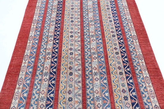 Traditional Hand Knotted Shaal Farhan Wool Rug of Size 4'9'' X 6'7'' in Red and Multi Colors - Made in Afghanistan