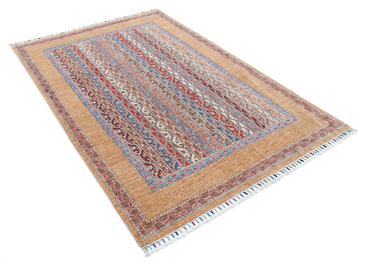 Traditional Hand Knotted Shaal Farhan Wool Rug of Size 4'9'' X 7'2'' in Gold and Multi Colors - Made in Afghanistan